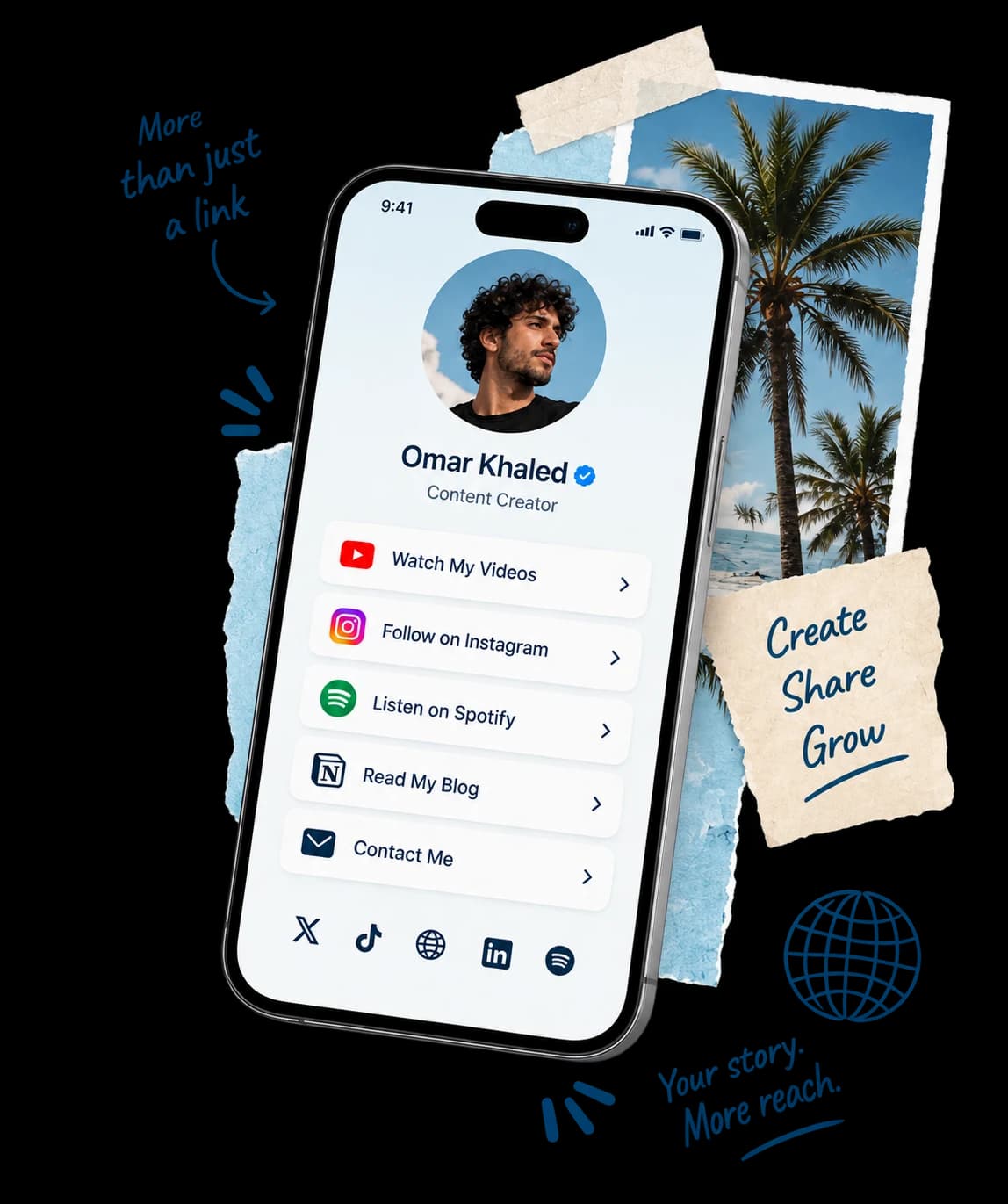 A published profile page on a phone, surrounded by torn-paper photos and handwritten notes