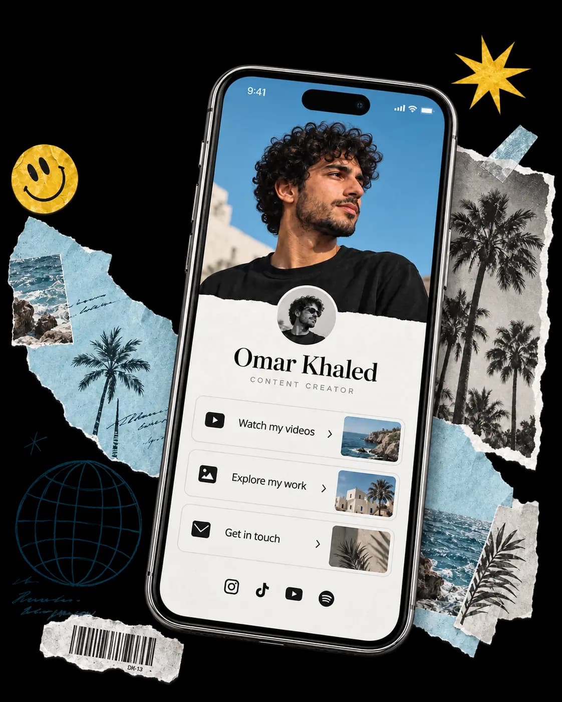 Creator profile on a tilted phone with a marble sculpture, paper cutouts, and playful stickers
