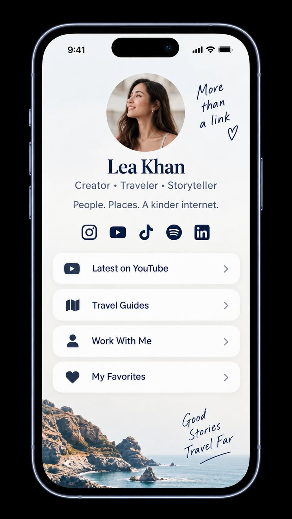A published profile page on a phone, with links and social icons